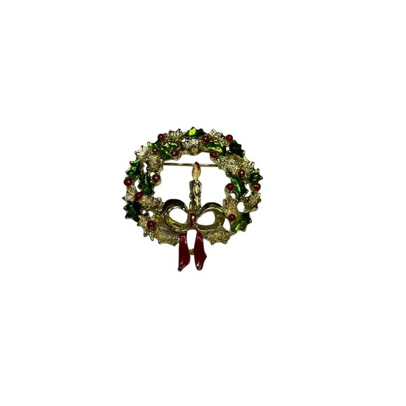 Gerry's Christmas Wreath Brooch Gold Tone Red Green With Candle and Bow Vintage - Picture 1 of 6